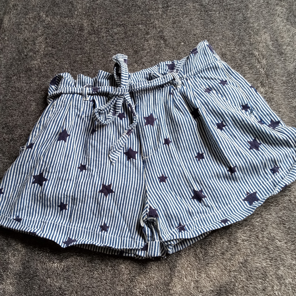 Jolt blue and white pinstripe star pattern paper bag shorts
